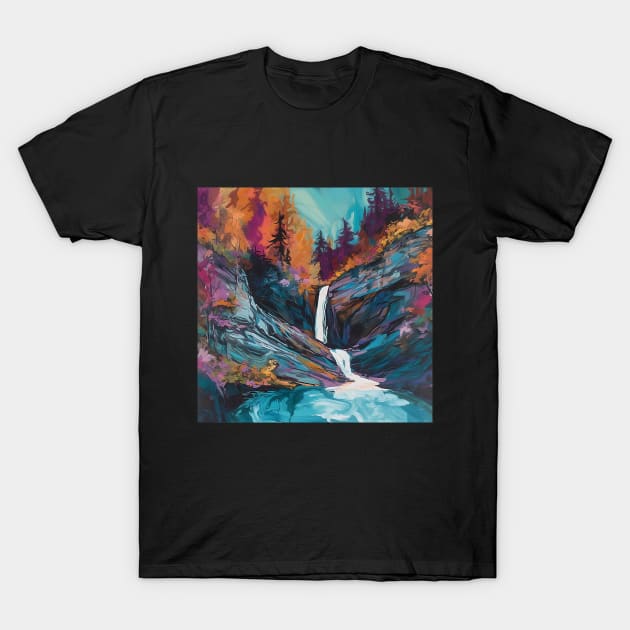 Colorful Ultrafine Detailed Painting Of A Waterfall With Trees T-Shirt by The Art Mage